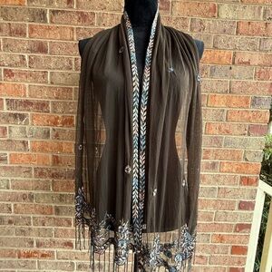 Arden B. Elegant Brown Sheer Scarf with Embroidered, beaded Details